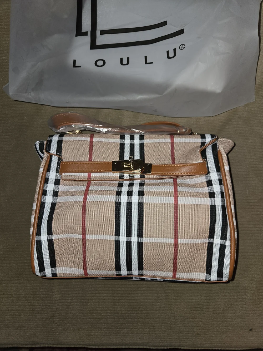 Loulu Plaid Top-Handle Satchel in Beige with Tan Trim
